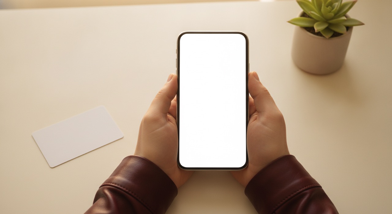 Manos sosteniendo un smartphone sobre un escritorio con una libreta