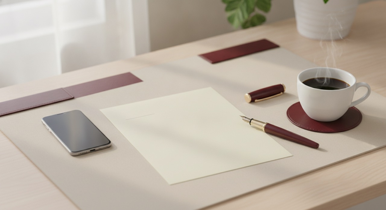 Carpeta de piel granate y un café sobre un escritorio marfil junto a una ventana