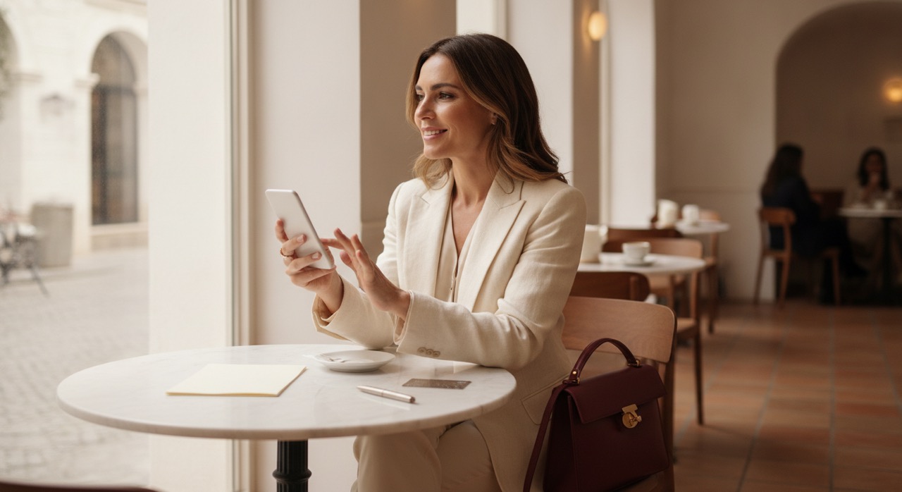 Mujer joven en una cafetería de Madrid consultando su banca digital en el móvil